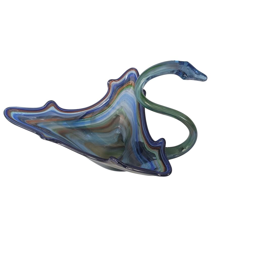 Murano style blown art glass blue green Swan Bowl large artsy dopamine